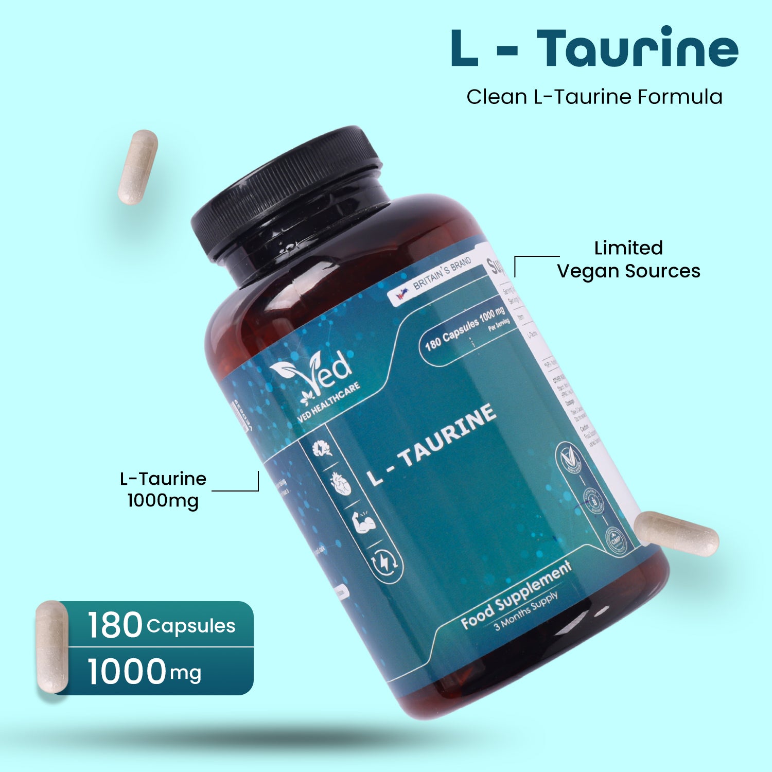 L-Taurine 1000mg Capsules - 180 Capsules - 3 Months’ Supply - Amino Acid Taurine Supplement - Easy to Take - Vegan, Gluten Free, GMO Free- for Men & Women.