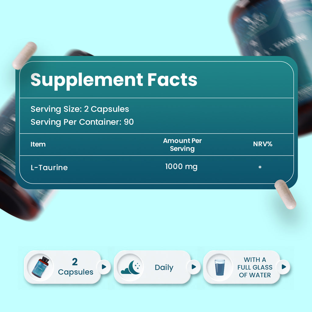 L-Taurine 1000mg Capsules - 180 Capsules - 3 Months’ Supply - Amino Acid Taurine Supplement - Easy to Take - Vegan, Gluten Free, GMO Free- for Men & Women.