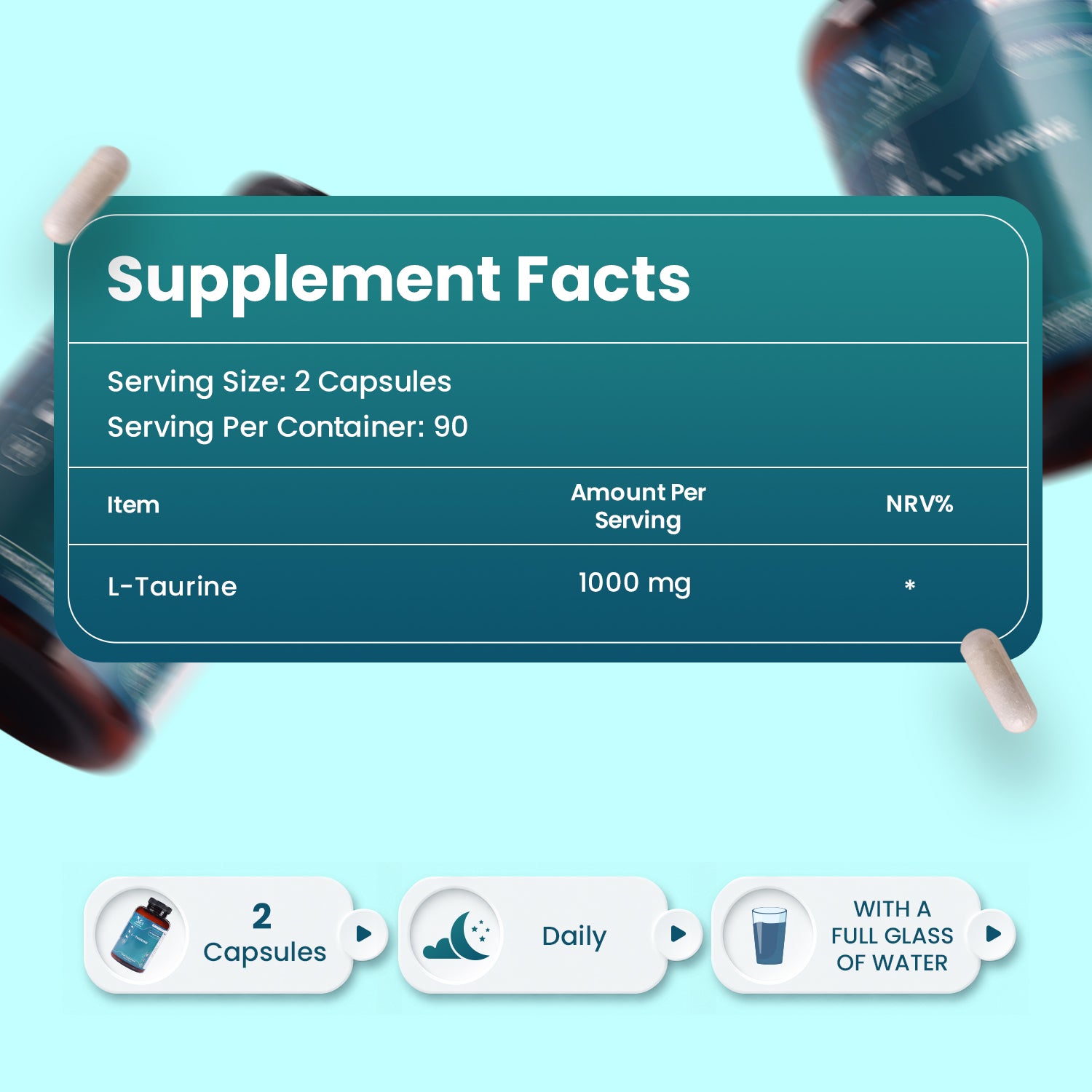 L-Taurine 1000mg Capsules - 180 Capsules - 3 Months’ Supply - Amino Acid Taurine Supplement - Easy to Take - Vegan, Gluten Free, GMO Free- for Men & Women.
