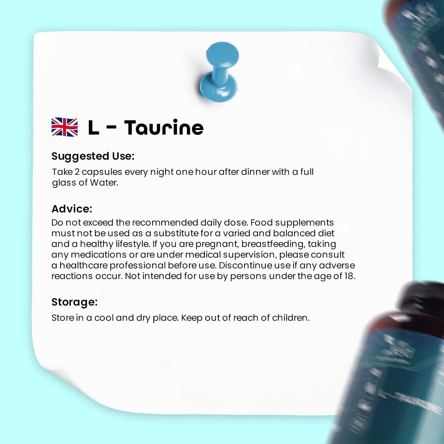 L-Taurine 1000mg Capsules - 180 Capsules - 3 Months’ Supply - Amino Acid Taurine Supplement - Easy to Take - Vegan, Gluten Free, GMO Free- for Men & Women.
