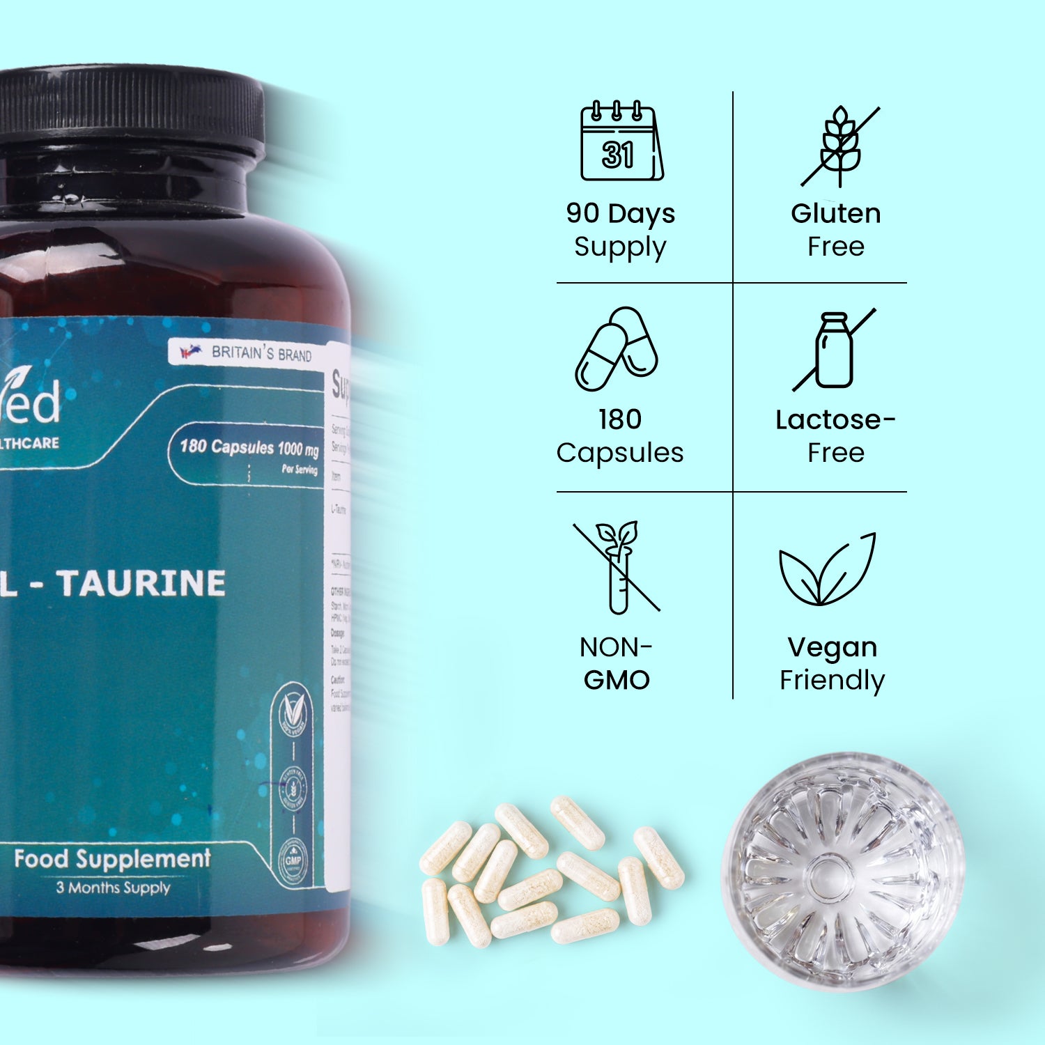L-Taurine 1000mg Capsules - 180 Capsules - 3 Months’ Supply - Amino Acid Taurine Supplement - Easy to Take - Vegan, Gluten Free, GMO Free- for Men & Women.