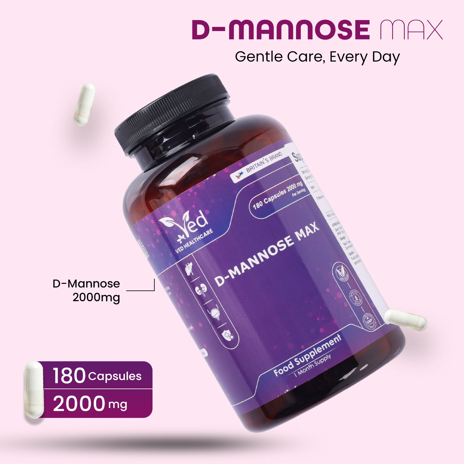 D - Mannose 2000mg Capsules - 180 Capsules - 2 Months’ Supply - Easy to Take - Split & Pour D Mannose Powder Capsules - Vegan, Gluten Free, GMO Free.
