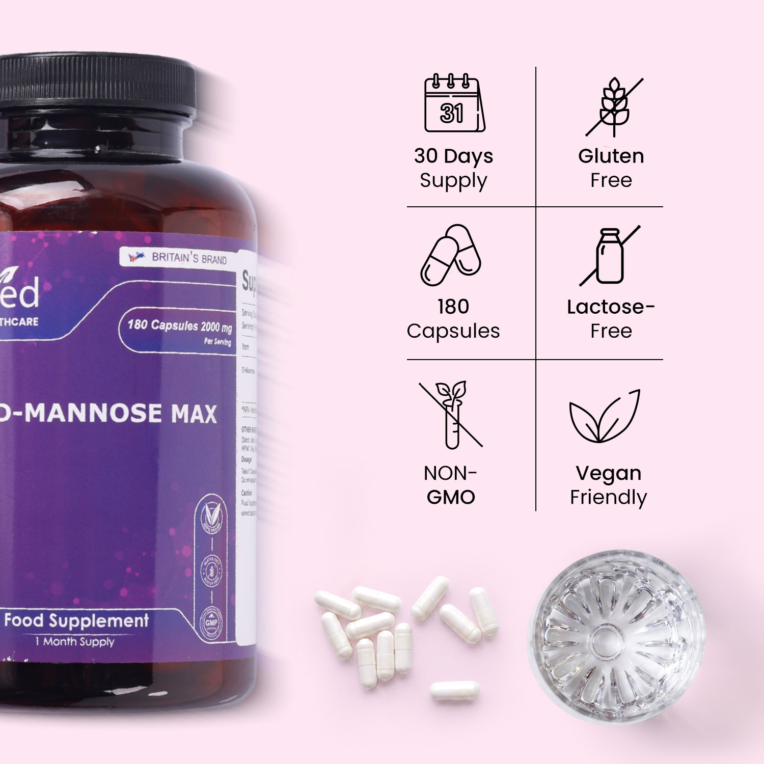 D - Mannose 2000mg Capsules - 180 Capsules - 2 Months’ Supply - Easy to Take - Split & Pour D Mannose Powder Capsules - Vegan, Gluten Free, GMO Free.