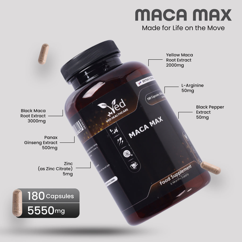 Maca Root Capsules 5550mg (High Strength) – 180 Vegan Black & Yellow Maca Capsules - 6 Month Supply – GMP Certified – with L-Arginine, Panax Ginseng, Black Pepper & Zinc