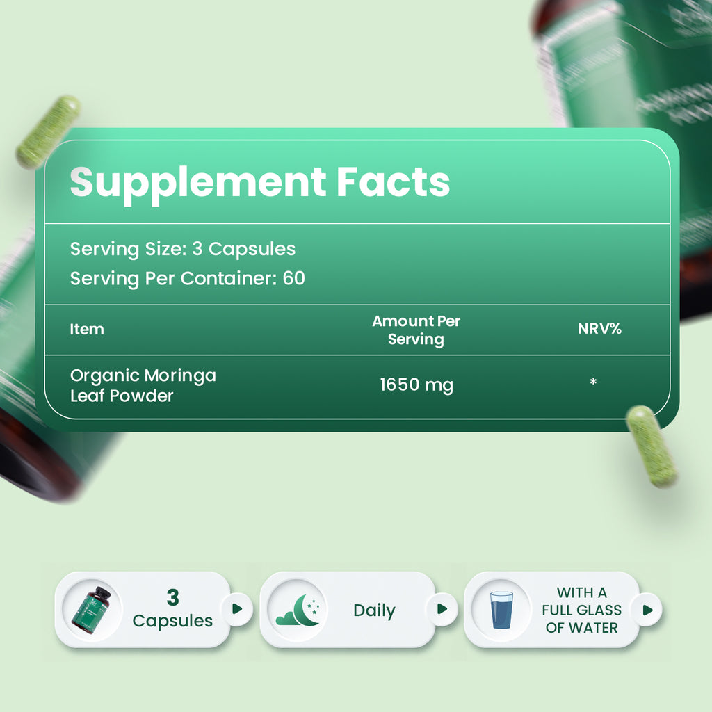 Moringa Capsules 1650mg per Serving - 180 Vegan Capsules - Natural Moringa Leaf Powder Capsules - GMP Certified - Non-GMO, Gluten Free & No Additives - 2 Month Supply