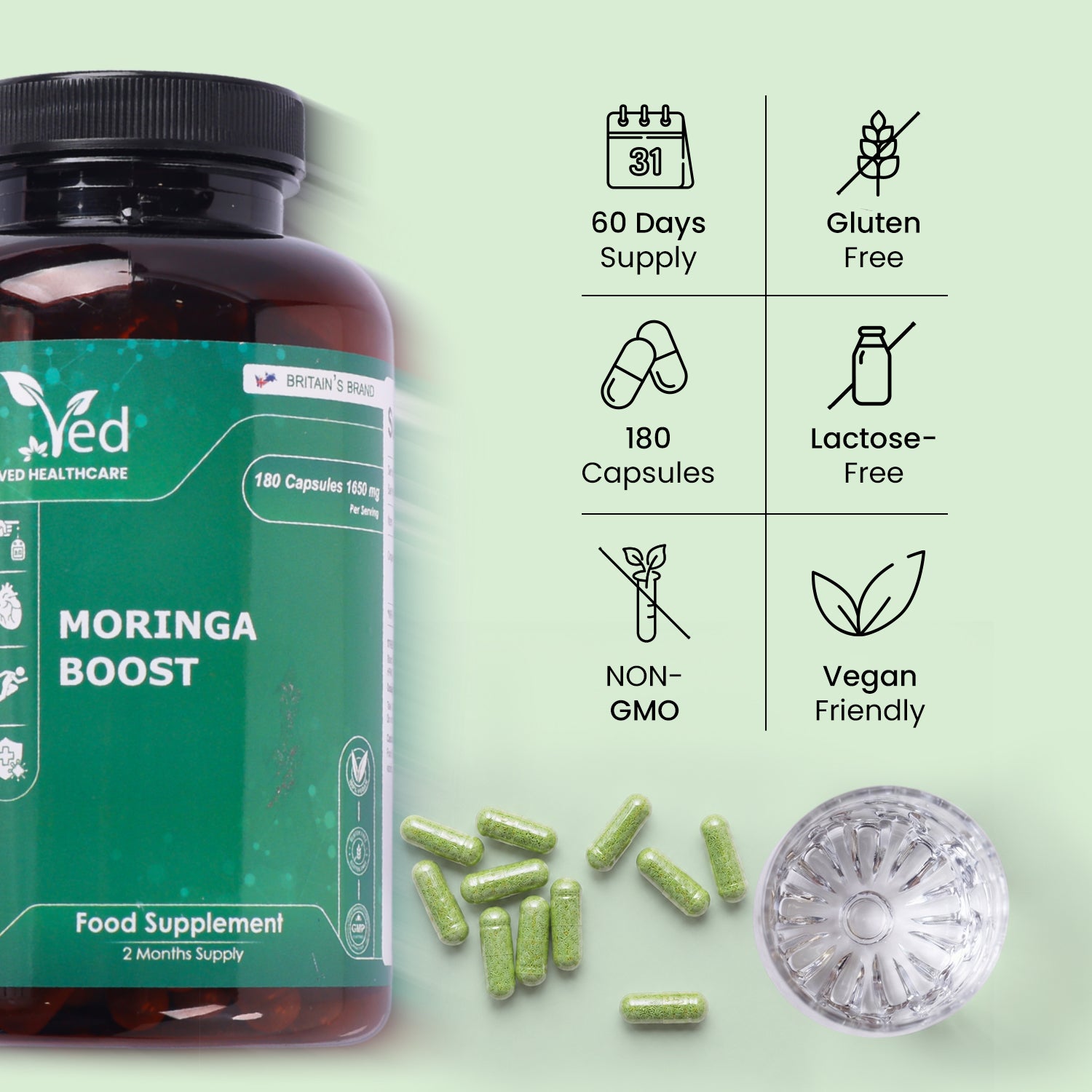 Moringa Capsules 1650mg per Serving - 180 Vegan Capsules - Natural Moringa Leaf Powder Capsules - GMP Certified - Non-GMO, Gluten Free & No Additives - 2 Month Supply