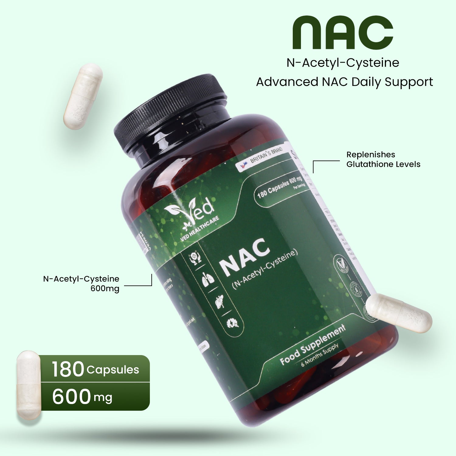 N-Acetyl-Cysteine (NAC) 600mg – 180 Vegan Capsules – One Capsule Daily – 6 Month Supply – Gluten Free Nutritional Supplement.