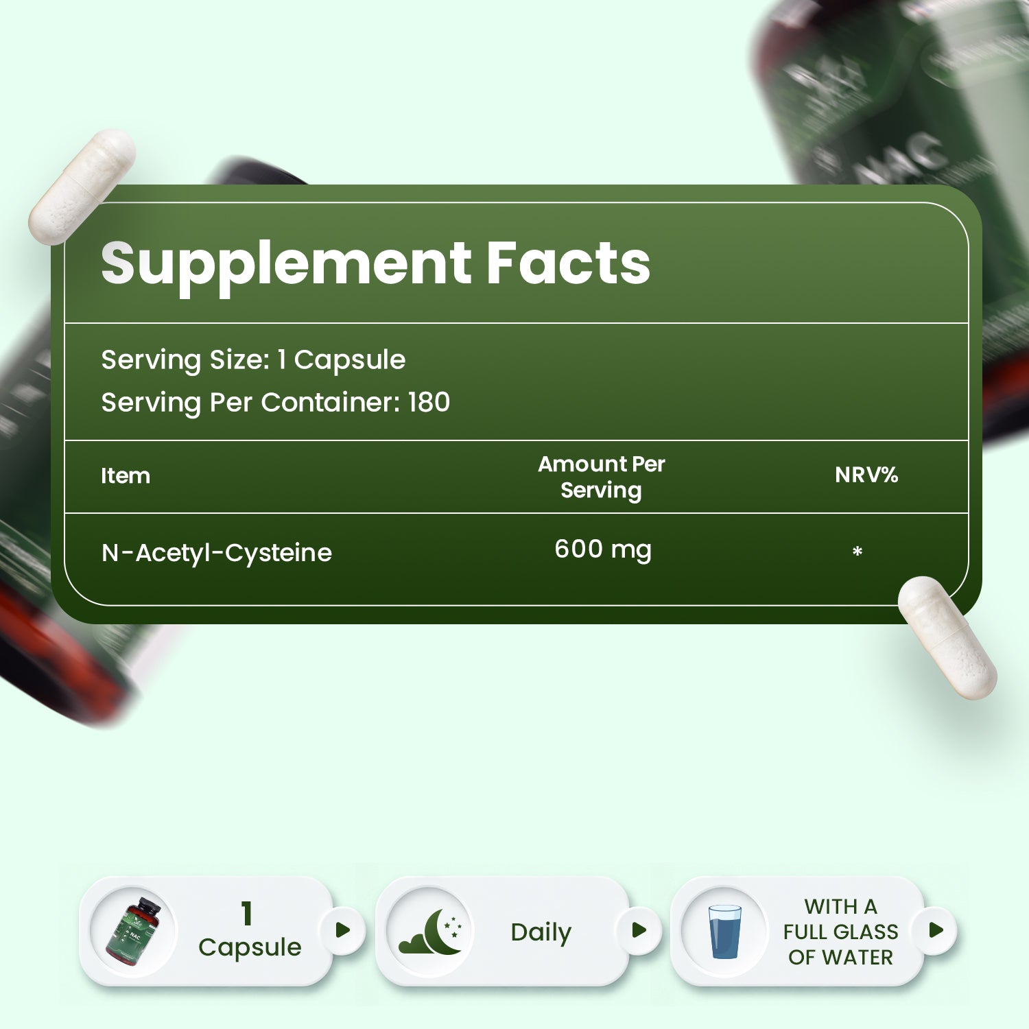 N-Acetyl-Cysteine (NAC) 600mg – 180 Vegan Capsules – One Capsule Daily – 6 Month Supply – Gluten Free Nutritional Supplement.