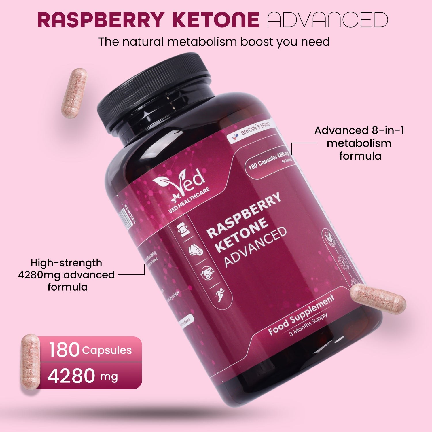 Raspberry Ketone Advanced 4280mg – 180 Vegan Capsules – with Apple Cider Vinegar, Green Tea, Caffeine & Vitamin C – 3 Months Supply.