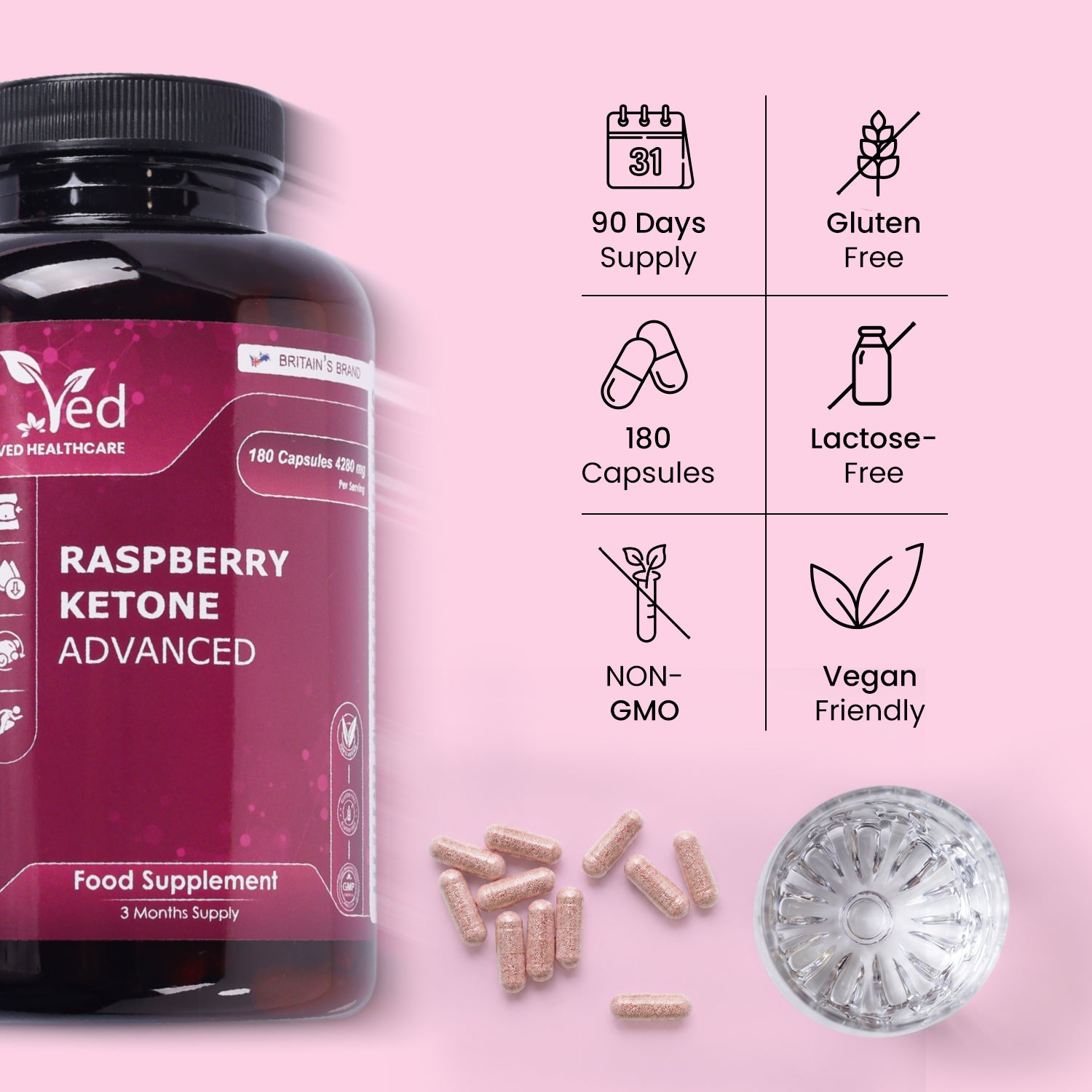 Raspberry Ketone Advanced 4280mg – 180 Vegan Capsules – with Apple Cider Vinegar, Green Tea, Caffeine & Vitamin C – 3 Months Supply.