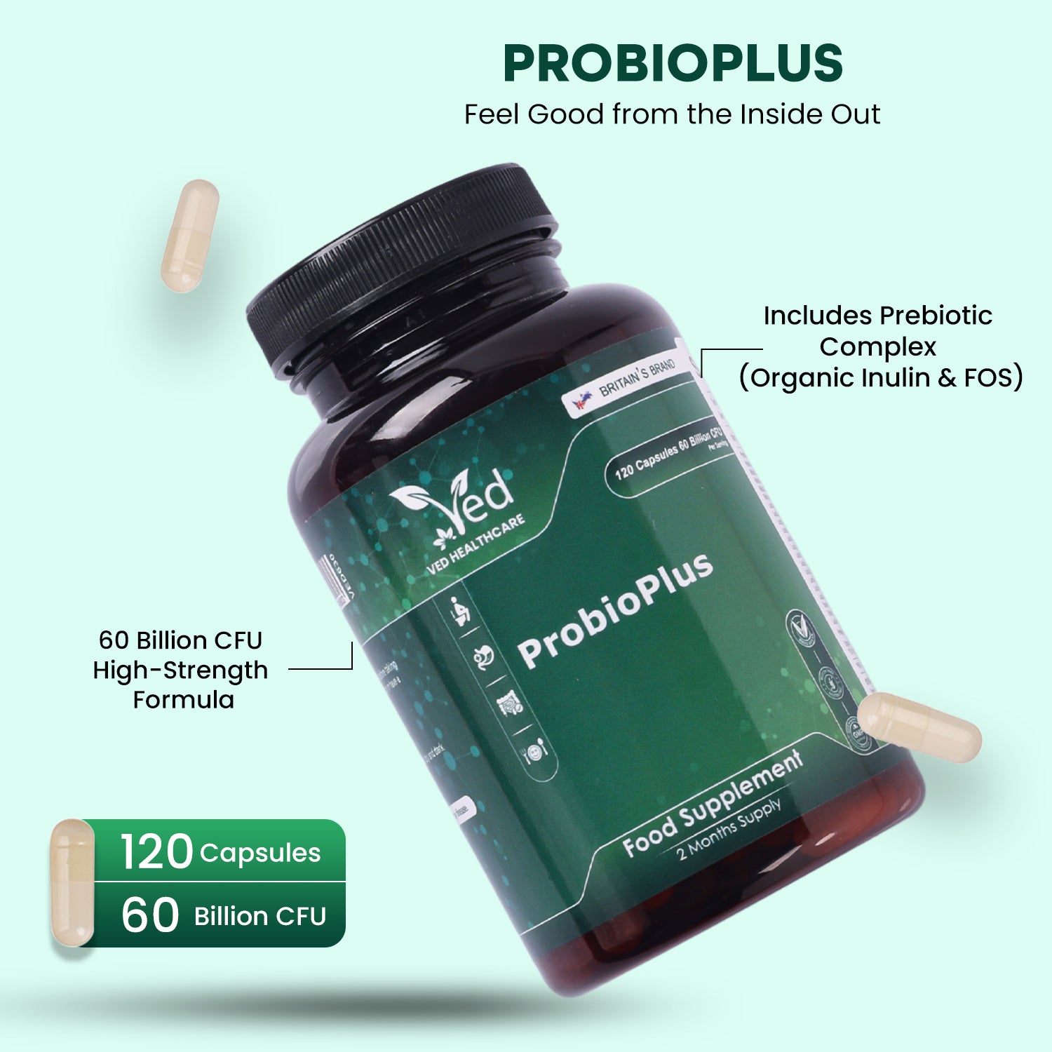 Probiotic Complex 60 Billion CFU – 120 Capsules – 20 Live Cultures – with Inulin & FOS Prebiotics – 2 Month Supply for Women & Men.