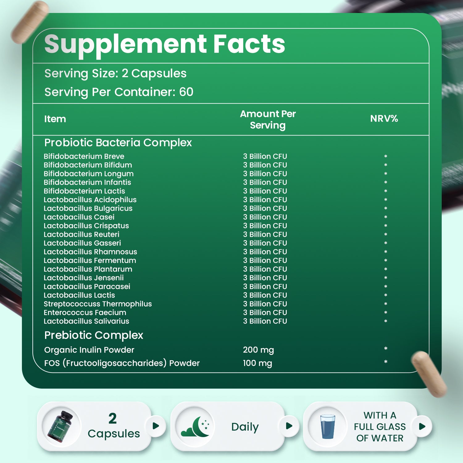 Probiotic Complex 60 Billion CFU – 120 Capsules – 20 Live Cultures – with Inulin & FOS Prebiotics – 2 Month Supply for Women & Men.
