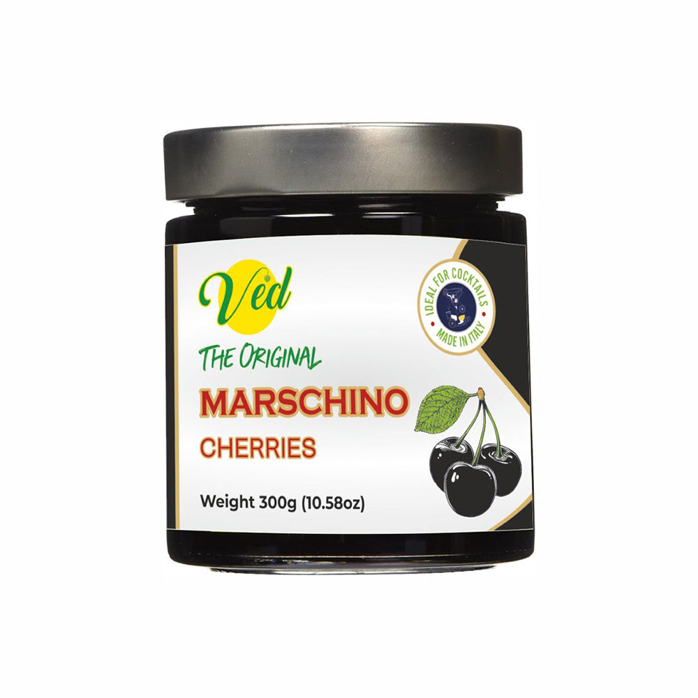 Ved Gourmet Original Maraschino Cherries - Italian Cherry for Old-Fashioned Cocktails - Vegan Cocktail, Bourbon Cherries in Natural Syrup for Cocktail Garnish - 300g Jar