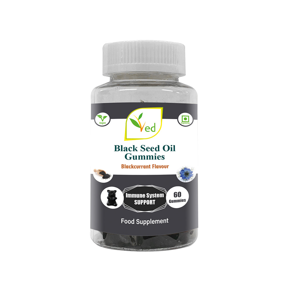 Ved Black Seed Oil Gummies; BSO Chews Blackcurrant Flavour, Raw Unfiltered Black Seed Oil Gummies with Mother Culture, Vegetarian Vegan Health Supplement for Men and Women- 60 Chews 30 Days’ Supply
