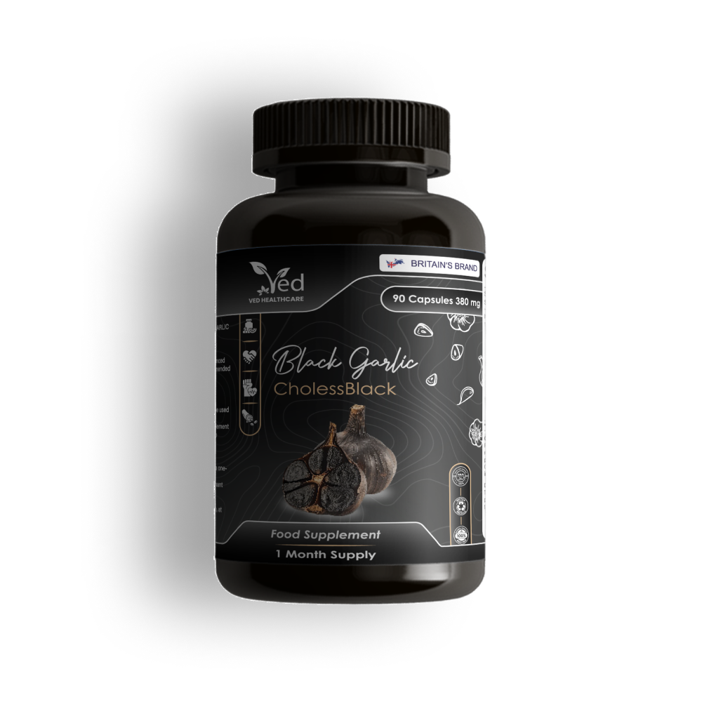 VED CholessBlack, 90 Capsules, Fermented & Odorless Black Garlic Supplement with White & Red Hawthorn, Wild Garlic & Lemon Balm Leaf, Non-GMO, Halal, 3 Capsules per Day