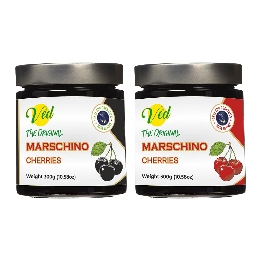 Ved Gourmet Original Red & Black Maraschino Cherries - Italian Cherry for Old-Fashioned Cocktails - Vegan Cocktail, Bourbon Cherries in Natural Syrup for Cocktail Garnish