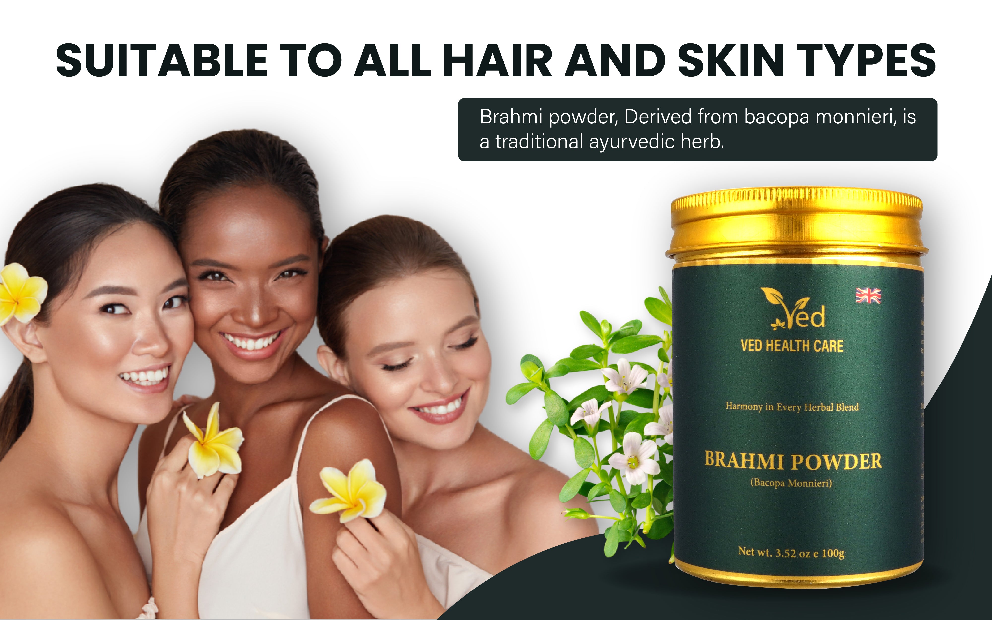 Ved Organic Brahmi Powder, Pure & Natural, Ayurvedic Hair Growth Hair Mask, Thinning Hair, Reduce Hair Fall, Breakage, Split Ends, Strengthen Hair,100g