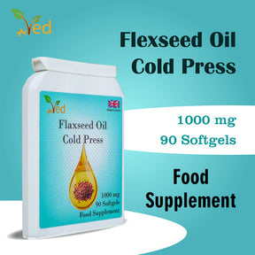 Ved Cold Press Flaxseed oil food supplement, providing Omega 3-6-9, 1000 mg 90 soft gel - 90 Days’ supply.