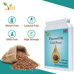 Ved Cold Press Flaxseed oil food supplement, providing Omega 3-6-9, 1000 mg 90 soft gel - 90 Days’ supply.