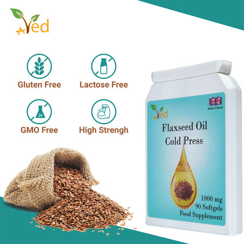 Ved Cold Press Flaxseed oil food supplement, providing Omega 3-6-9, 1000 mg 90 soft gel - 90 Days’ supply.