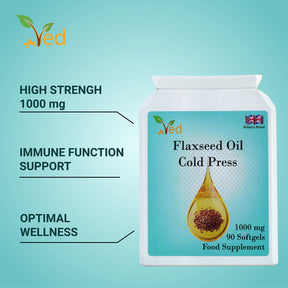 Ved Cold Press Flaxseed oil food supplement, providing Omega 3-6-9, 1000 mg 90 soft gel - 90 Days’ supply.