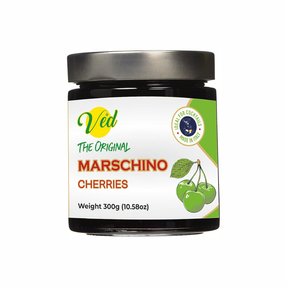 Ved Gourmet Original Green Maraschino Cherries - Italian Cherry for Old-Fashioned Cocktails - Vegan Cocktail, Bourbon Cherries in Natural Syrup for Cocktail Garnish - 300g Jar