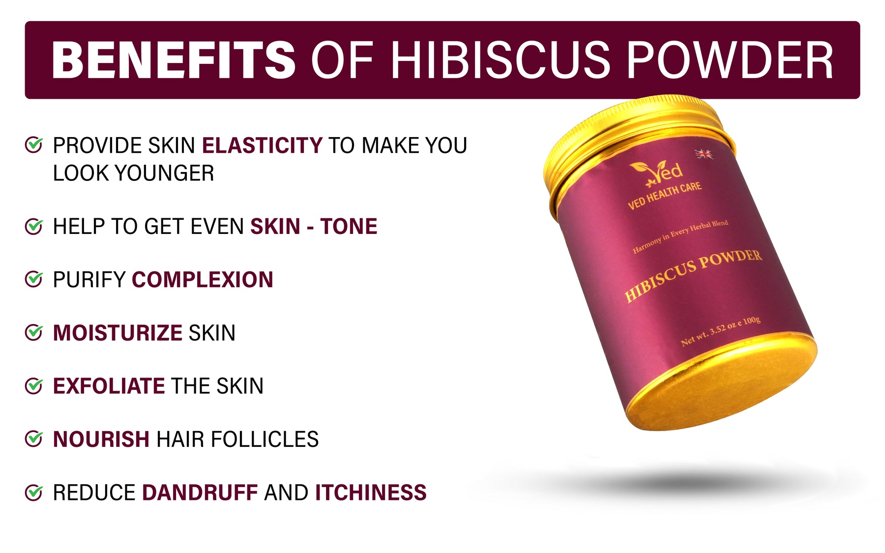 Pure Organic Hibiscus Powder - 100g | Natural Hair Care & Skin Care | Rich in Antioxidants & Vitamin C | Vegan & Chemical-Free | 100% Pure Dried Hibiscus Flowers