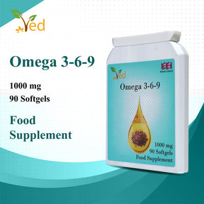 Ved Omega 3-6-9 food supplement softgel, from cold press flaxseed oil, 1000 mg 90 soft gel - 90 Days’ supply.