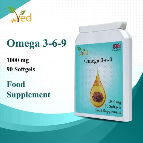 Ved Omega 3-6-9 food supplement softgel, from cold press flaxseed oil, 1000 mg 90 soft gel - 90 Days’ supply.