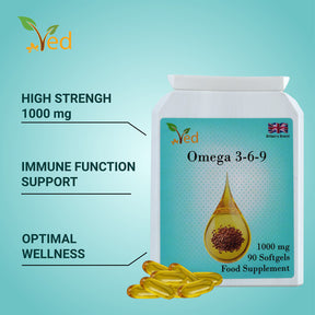 Ved Omega 3-6-9 food supplement softgel, from cold press flaxseed oil, 1000 mg 90 soft gel - 90 Days’ supply.