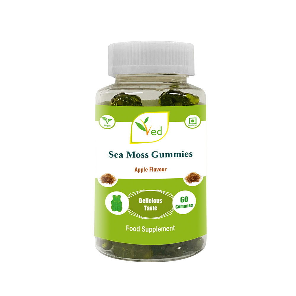 Ved Sea Moss Gummies; SM Chews Apple Flavour, Raw Unfiltered Sea Moss Gummies with Mother Culture, Vegetarian Vegan Health Supplement for Men and Women- 60 Chews 30 Days’ Supply