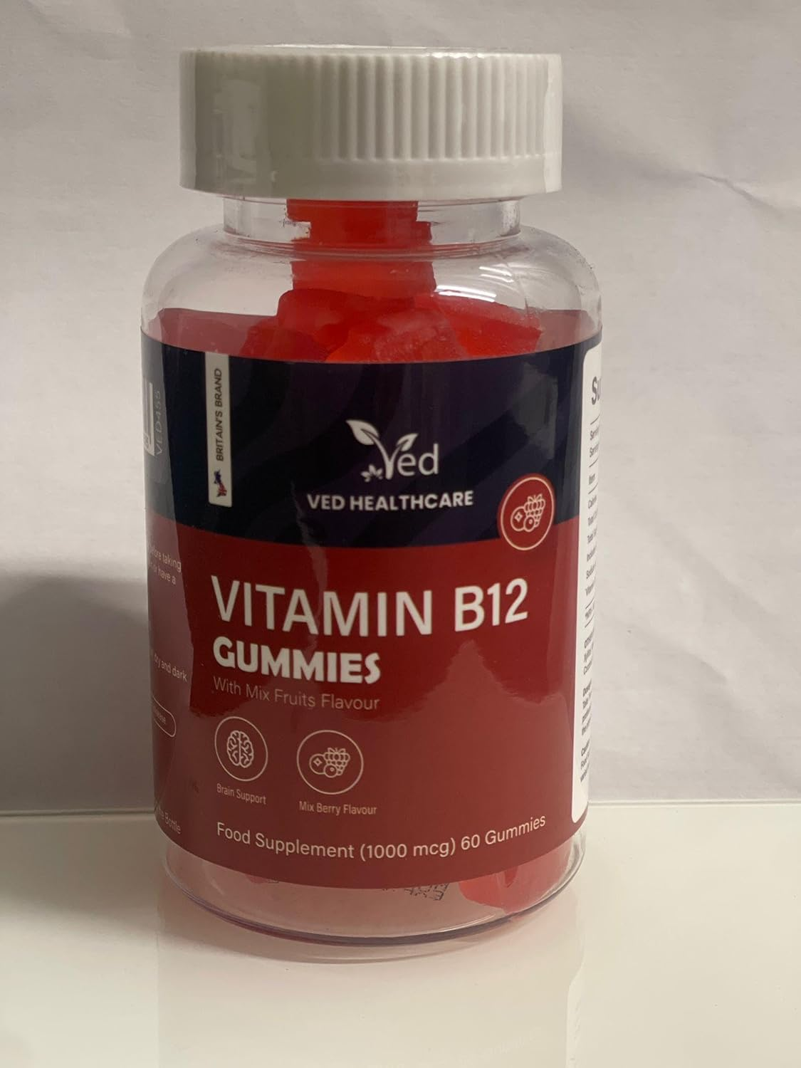 Ved Vitamin B12 Gummies 1000mcg,Vegan & Gluten-Free - Tasty, Natural Mix Berry Flavour, B12 Vitamin Supplement,60 Gummies,2 per Day,1 Months Supply.